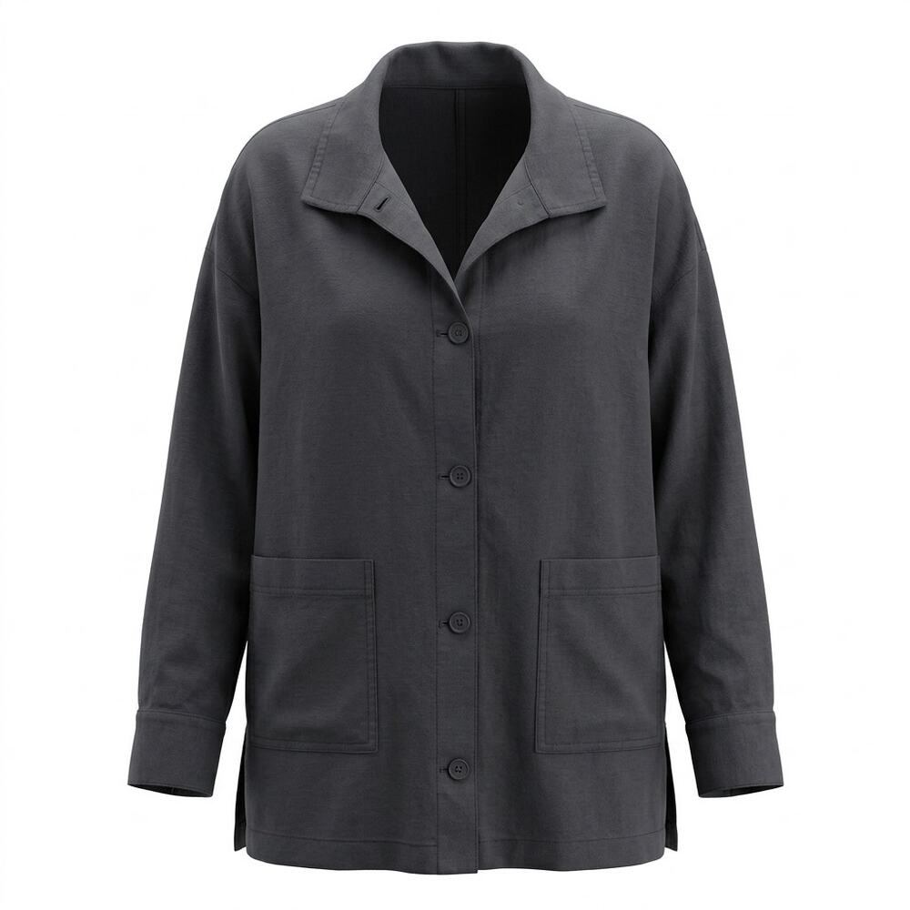 Eileen Fisher Gray Pocket Organic Hemp Collared Button Jacket Women Size M
